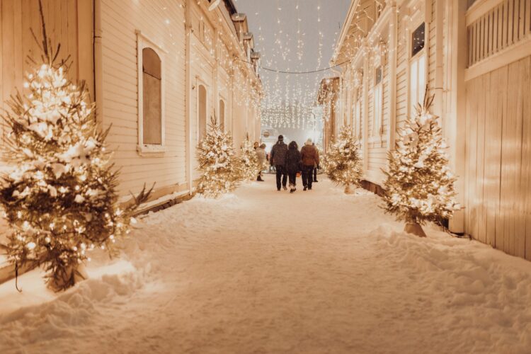 A spruce decorated alley and people walking under the christmas lights