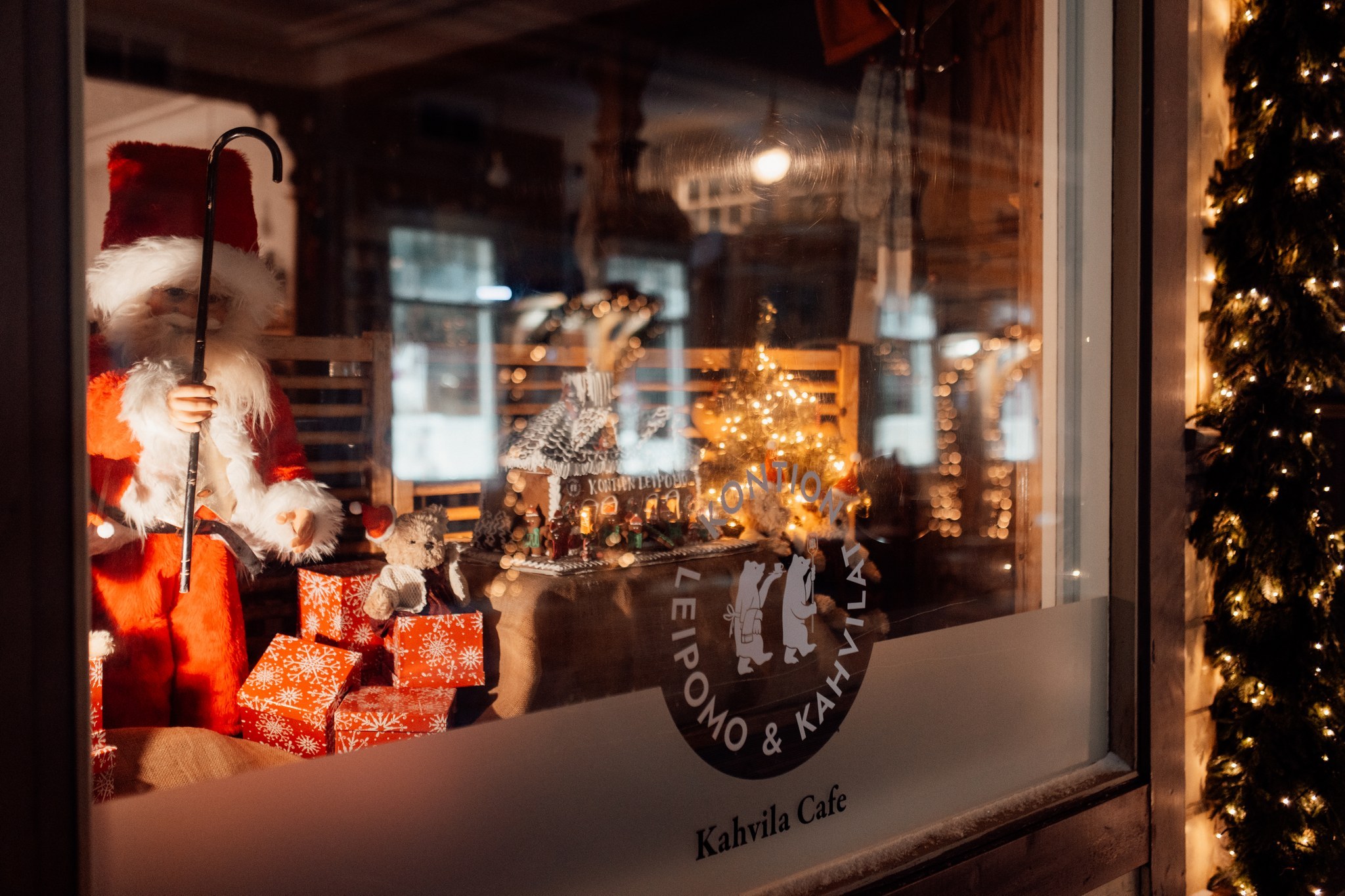 Christmas decorations at the café window in Cafe Kontio