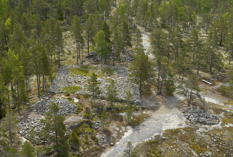 Aerial view of the burial mounds at the northern end of the Bronze Age cemetery of Sammallahdenmäki.