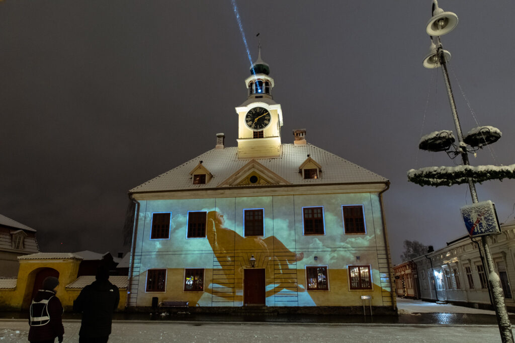 People in the market square watching the Aik light art work at the Old Town Hall.