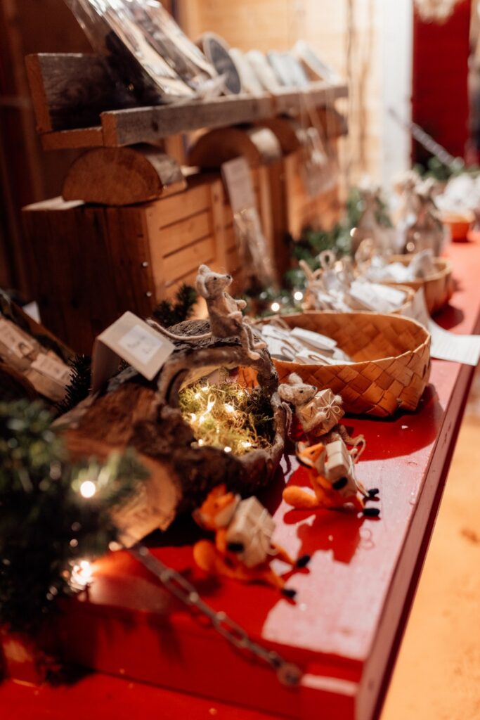 A close-up of Christmas products at the Rauma Christmas Market.