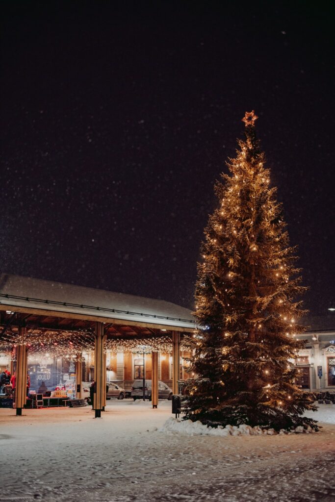 The Christmas tree in the Market Square. In the background is the stage of Rauma Christmas Market.