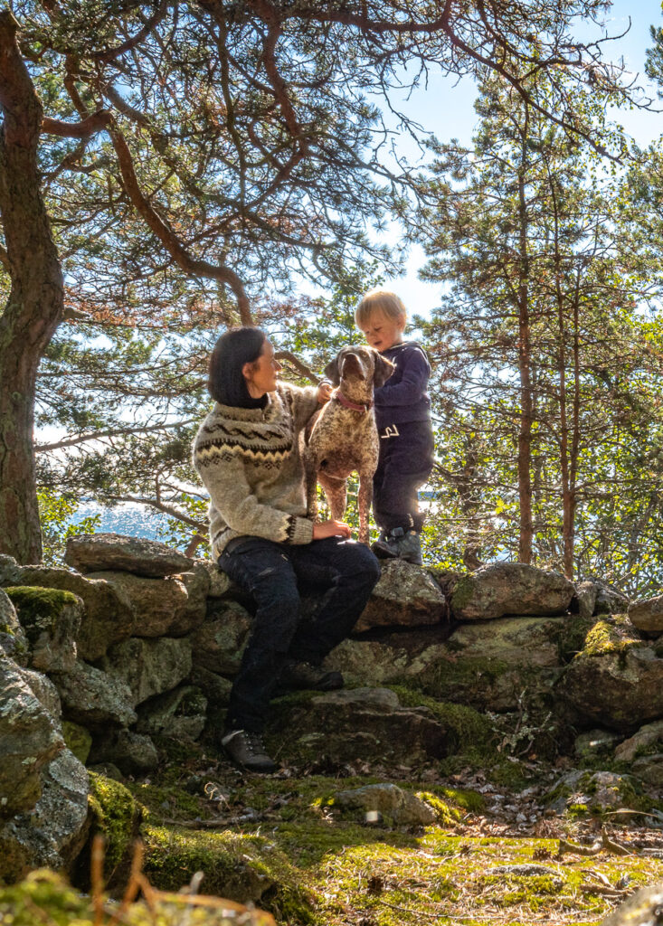 Aikuinen ja lapsi koiran kanssa luonnossa kasattujen kivien päällä.