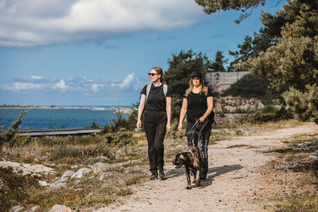 Two people walking on path with a dog.