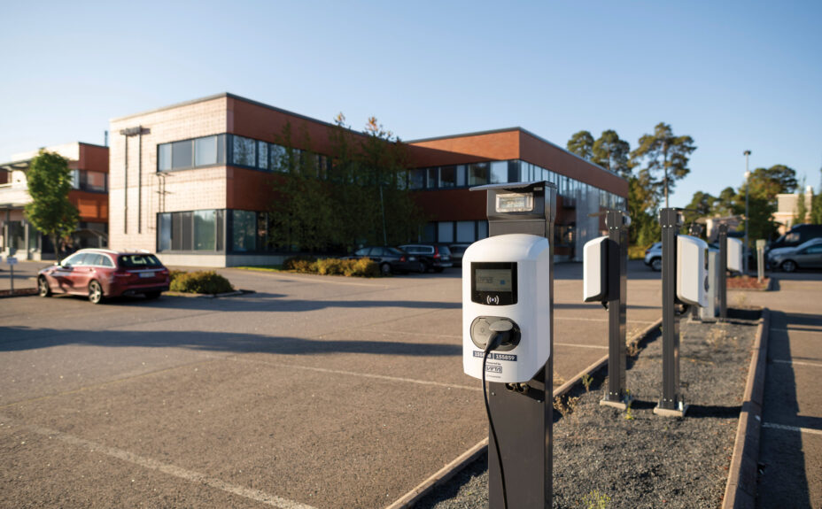 Electric car charging point in technology center Sytytin's parking lot.